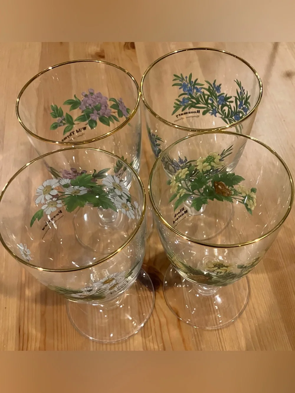 EUC Royal Worchester Herbs Stemmed Water Goblets w/Gold Rim (Set of 4) Vintage